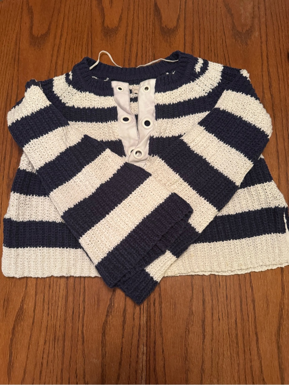 Pilcro Navy and Ivory Striped Crewneck Sweater